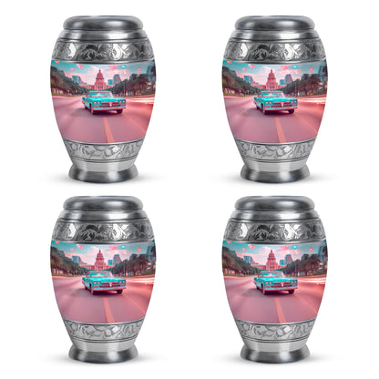 Cool Teal Car Cremation Urn urn with complimentary velvet bag - regal car design with crown-inspired accents - 10 inch aluminum urn for cremated remains