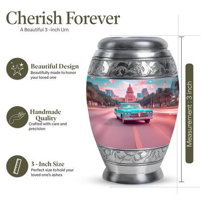 Aqua Teal Car Cremation Urn lifestyle display on memorial shelf - majestic car pattern with filigree border - mini keepsake memorial for portion of cremation ashes