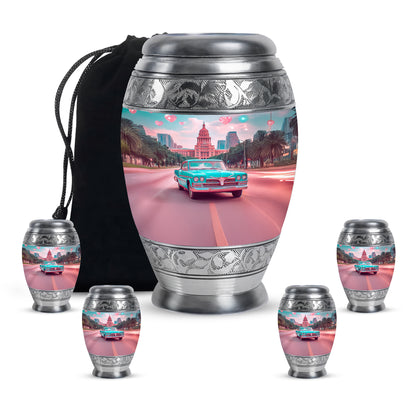 Sea Green Teal Car Cremation Urn detail view - regal car design with crown-inspired accents - memorial set with one large and four small urns
