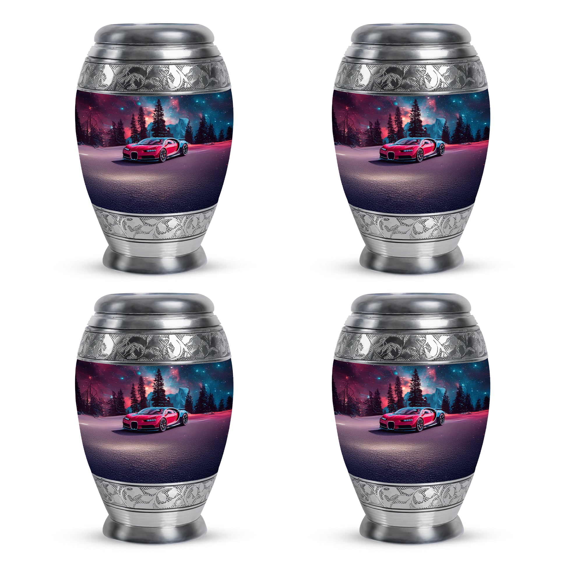 Indigo Car Cremation Urn urn with complimentary velvet bag - ornate monarch-style car relief on brushed aluminum - 10 inch aluminum urn for cremated remains
