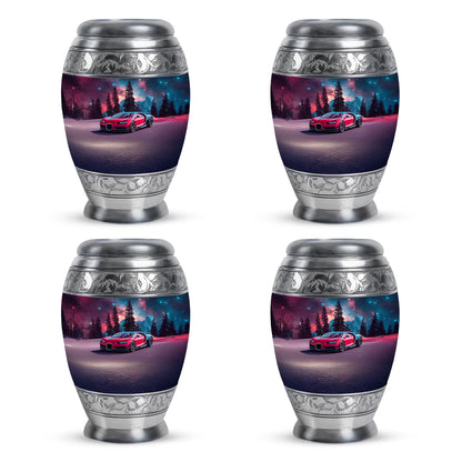 Indigo Car Cremation Urn urn with complimentary velvet bag - ornate monarch-style car relief on brushed aluminum - 10 inch aluminum urn for cremated remains