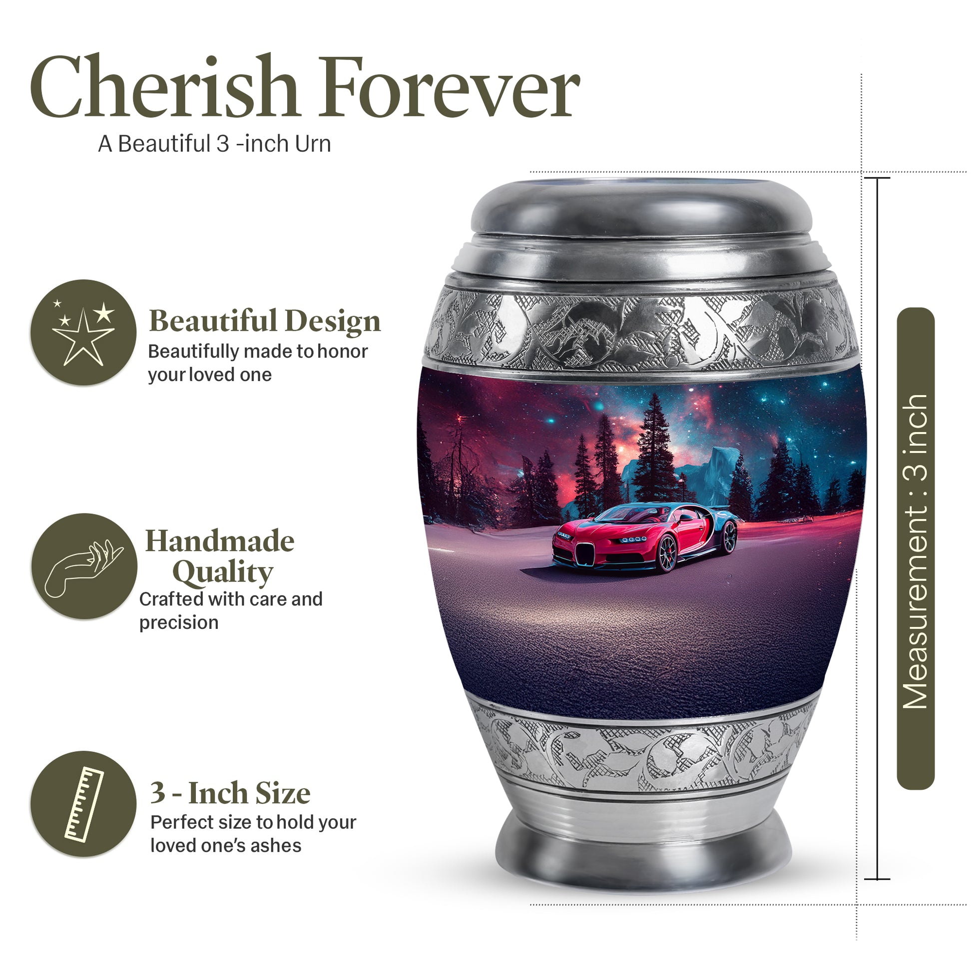 Calming Blue Car Cremation Urn lifestyle display on memorial shelf - majestic car pattern with filigree border - mini keepsake memorial for portion of cremation ashes