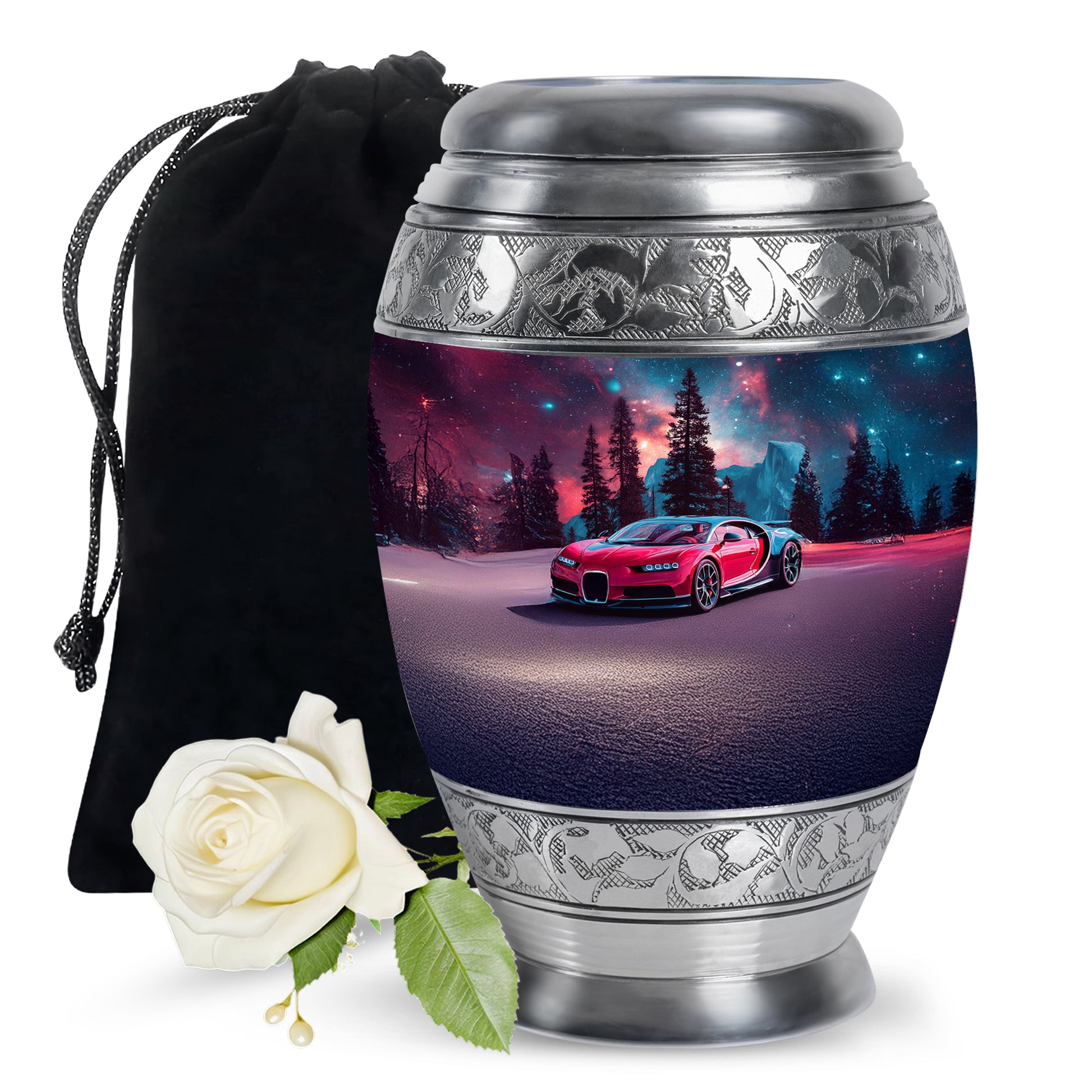 Azure Car Cremation Urn back view with polished surface - regal car design with crown-inspired accents - full-size 10 inch 200 cubic inch adult cremation urn