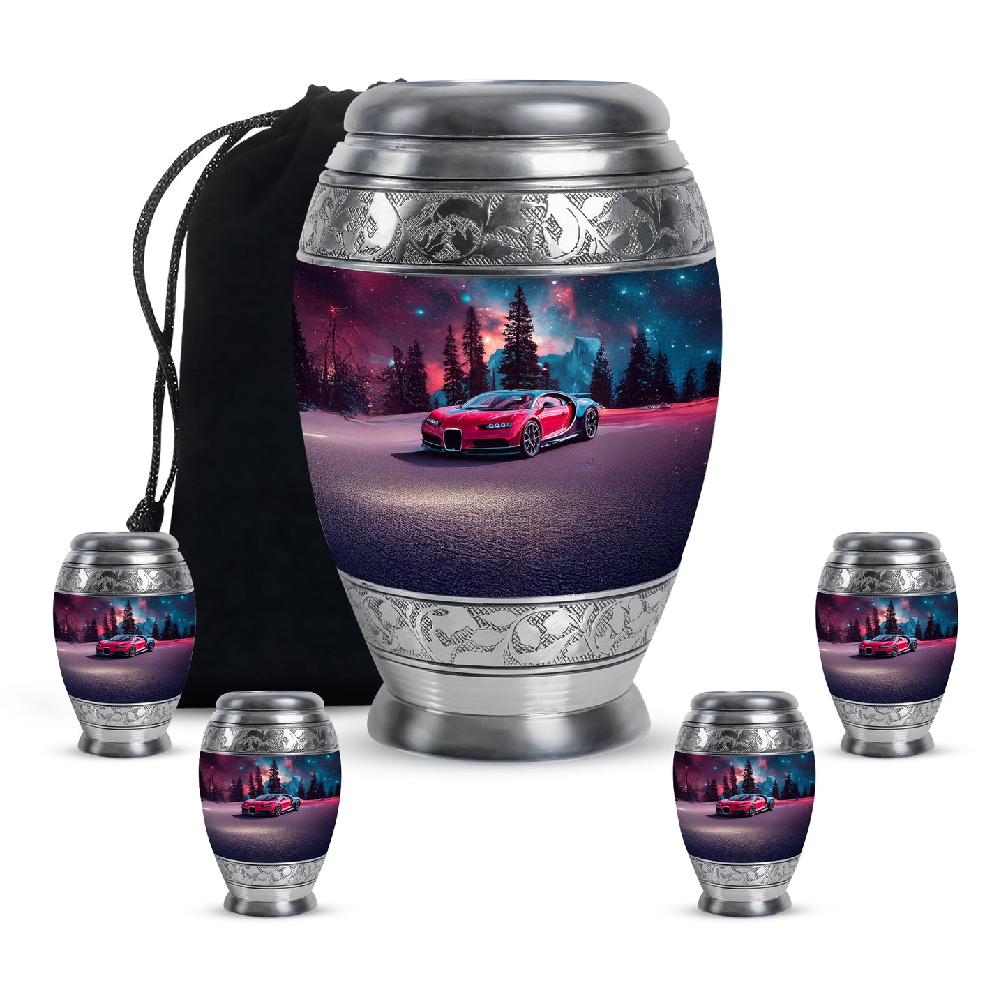 Soft Blue Car Cremation Urn detail view - majestic car pattern with filigree border - memorial set with one large and four small urns