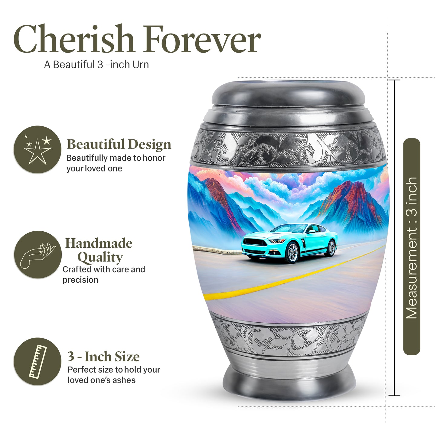 Tropical Teal Car Cremation Urn lifestyle display on memorial shelf - majestic car pattern with filigree border - mini keepsake memorial for portion of cremation ashes