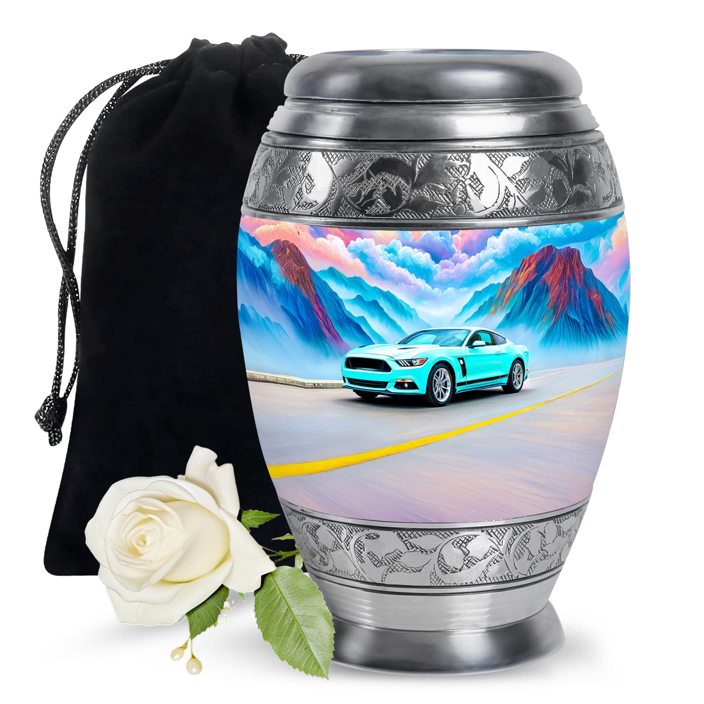 Aqua Teal Car Cremation Urn back view with polished surface - royal car engraving with decorative scrollwork - full-size 10 inch 200 cubic inch adult cremation urn