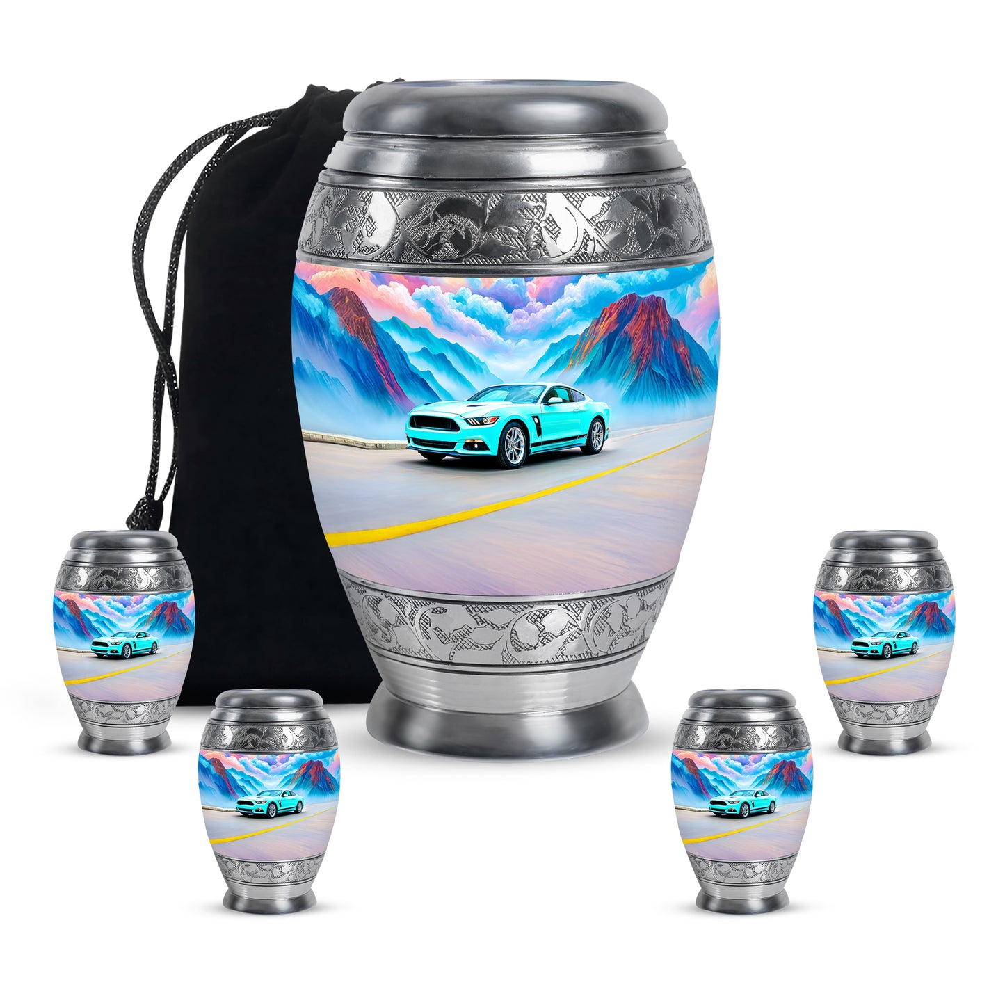 Sea Green Teal Car Cremation Urn detail view - regal car design with crown-inspired accents - memorial set with one large and four small urns