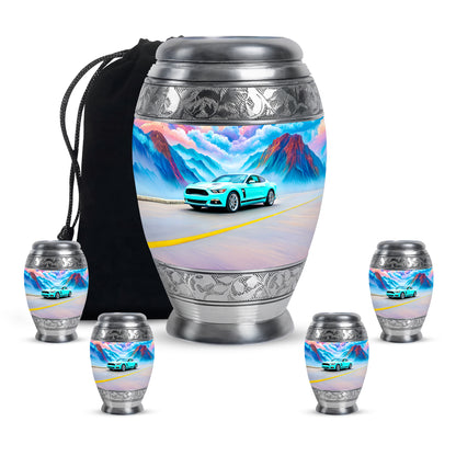 Sea Green Teal Car Cremation Urn detail view - regal car design with crown-inspired accents - memorial set with one large and four small urns