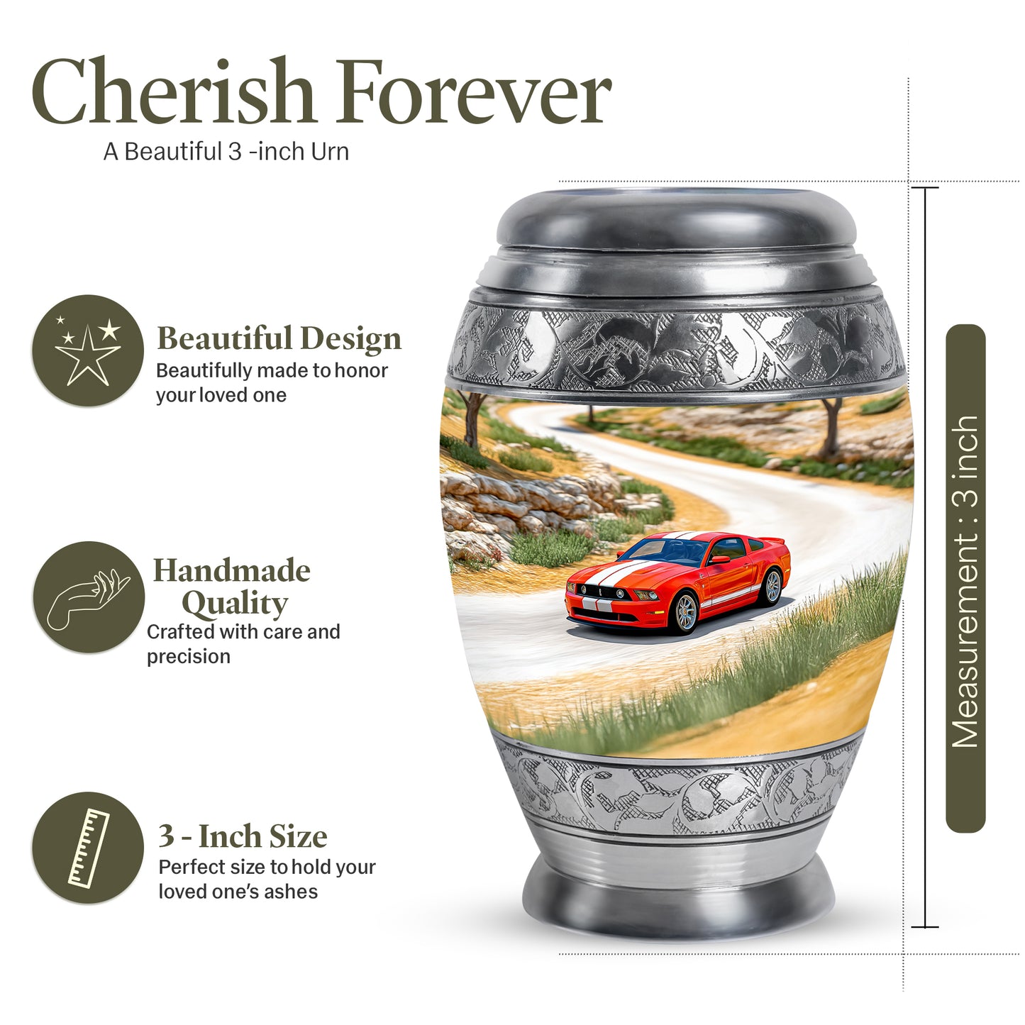 Harvest Gold Car Cremation Urn lifestyle display on memorial shelf - royal car engraving with decorative scrollwork - mini keepsake memorial for portion of cremation ashes