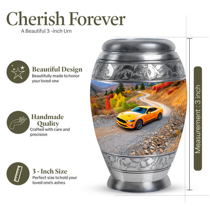 Azure Car Cremation Urn lifestyle display on memorial shelf - regal car design with crown-inspired accents - mini keepsake memorial for portion of cremation ashes