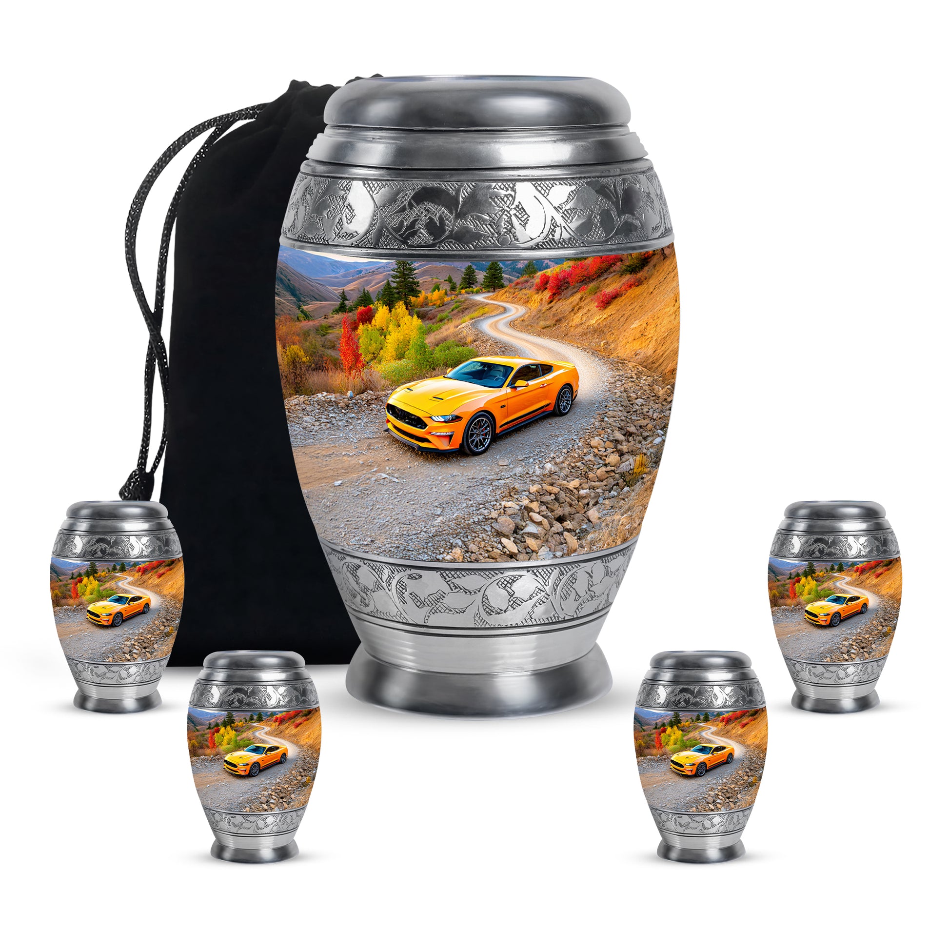 Navy Blue Car Cremation Urn detail view - ornate monarch-style car relief on brushed aluminum - memorial set with one large and four small urns