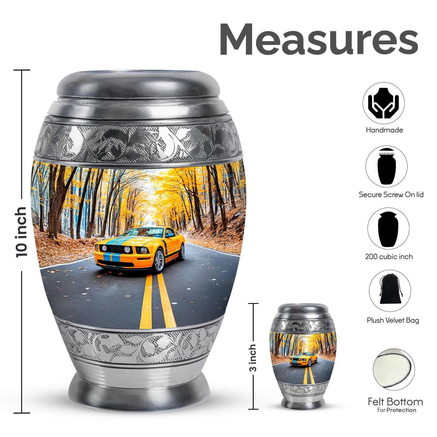 Serene Blue Car Cremation Urn lifestyle display on memorial shelf - majestic car pattern with filigree border - mini keepsake memorial for portion of cremation ashes