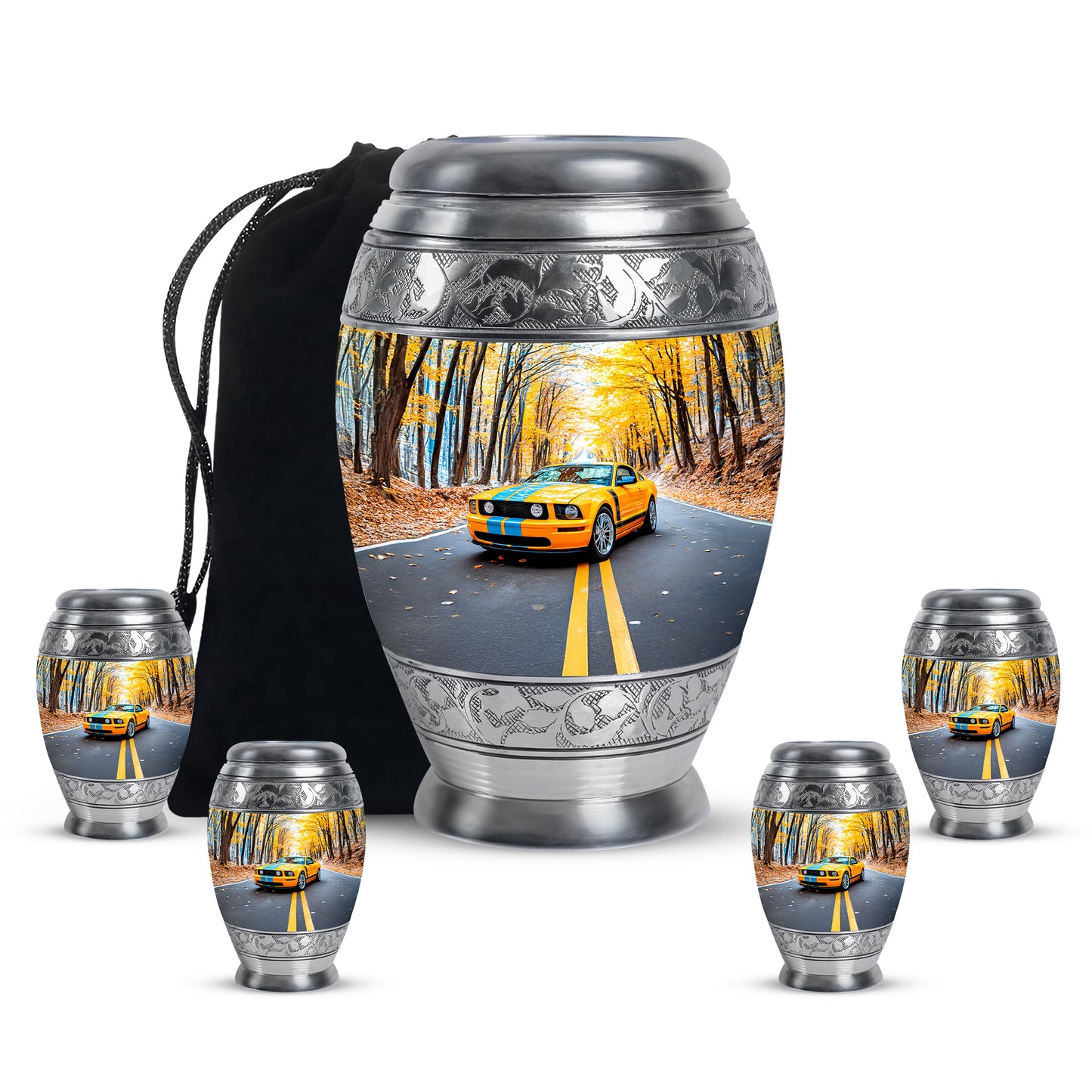 Navy Blue Car Cremation Urn detail view - regal car design with crown-inspired accents - memorial set with one large and four small urns
