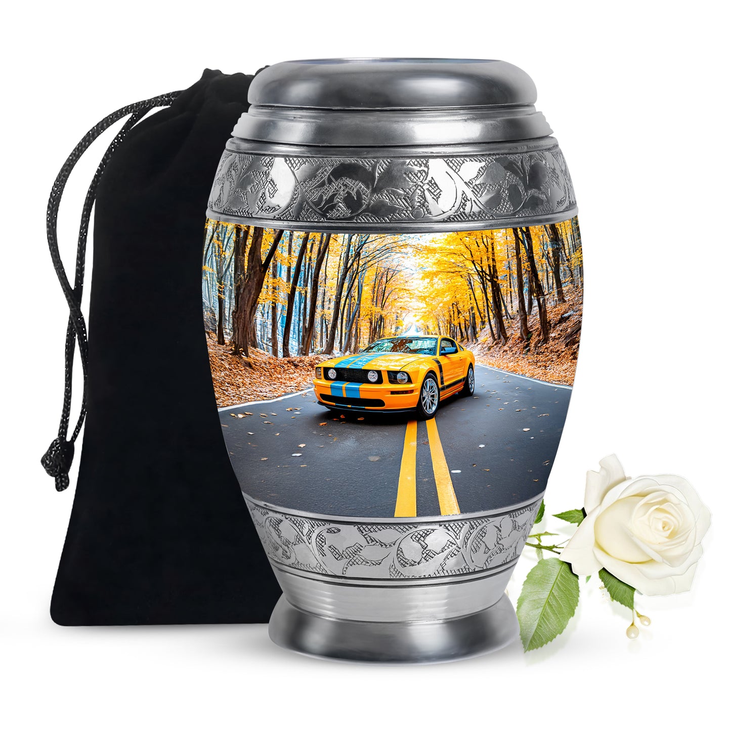 Misty Blue Car Cremation Urn back view with polished surface - regal car design with crown-inspired accents - full-size 10 inch 200 cubic inch adult cremation urn