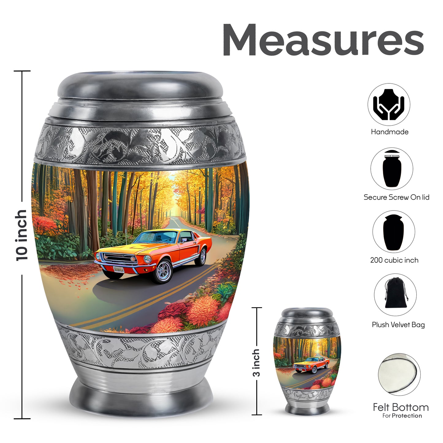 Warm Gold Car Cremation Urn lifestyle display on memorial shelf - majestic car pattern with filigree border - mini keepsake memorial for portion of cremation ashes