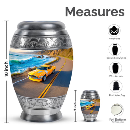 Bright Blue Car Cremation Urn lifestyle display on memorial shelf - royal car engraving with decorative scrollwork - mini keepsake memorial for portion of cremation ashes