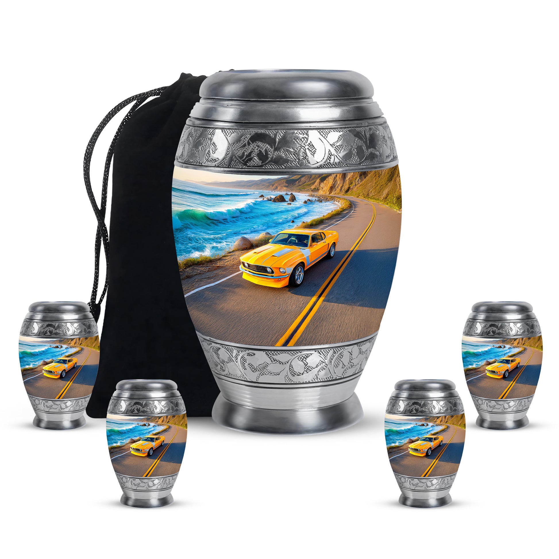 Steel Blue Car Cremation Urn detail view - royal car engraving with decorative scrollwork - memorial set with one large and four small urns