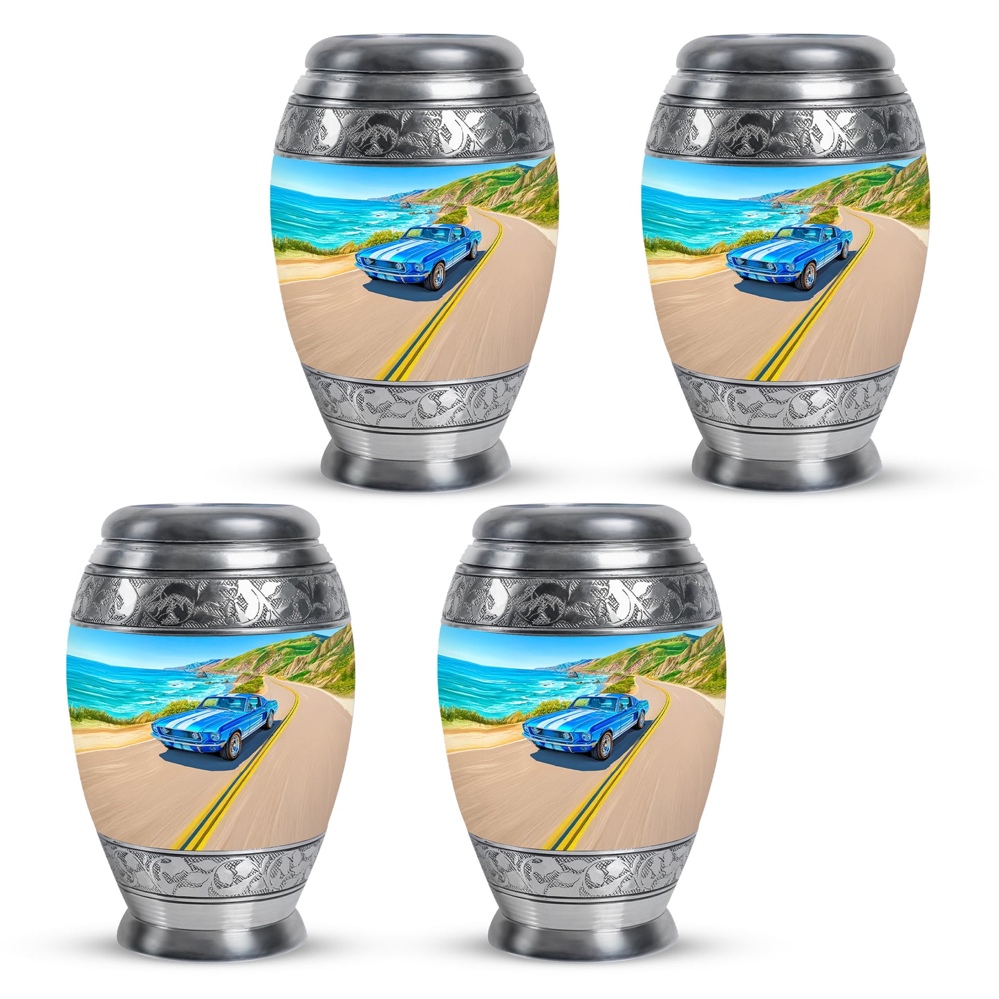 Bright Blue Car Cremation Urn urn with complimentary velvet bag - royal car engraving with decorative scrollwork - 10 inch aluminum urn for cremated remains