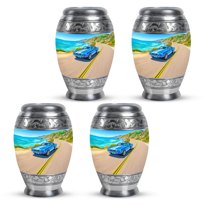 Bright Blue Car Cremation Urn urn with complimentary velvet bag - royal car engraving with decorative scrollwork - 10 inch aluminum urn for cremated remains