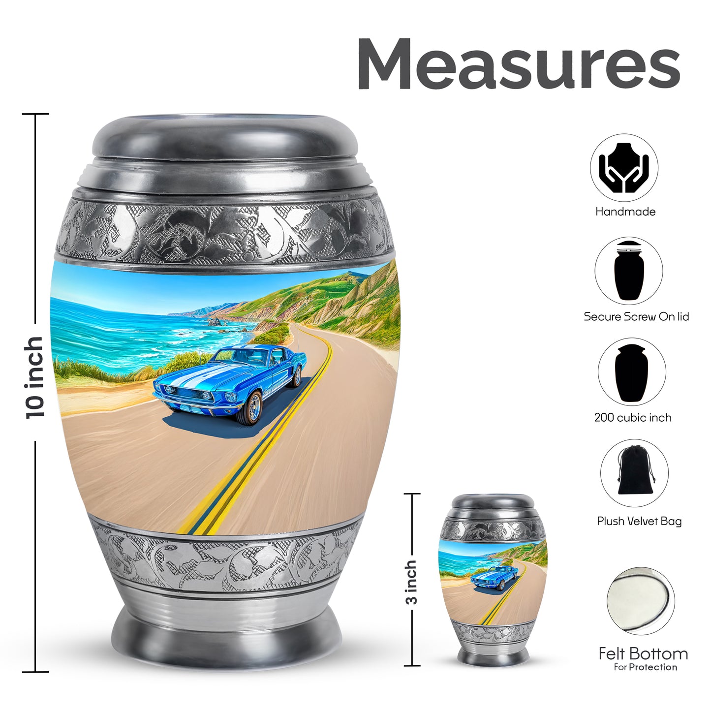 Cornflower Blue Car Cremation Urn lifestyle display on memorial shelf - majestic car pattern with filigree border - mini keepsake memorial for portion of cremation ashes