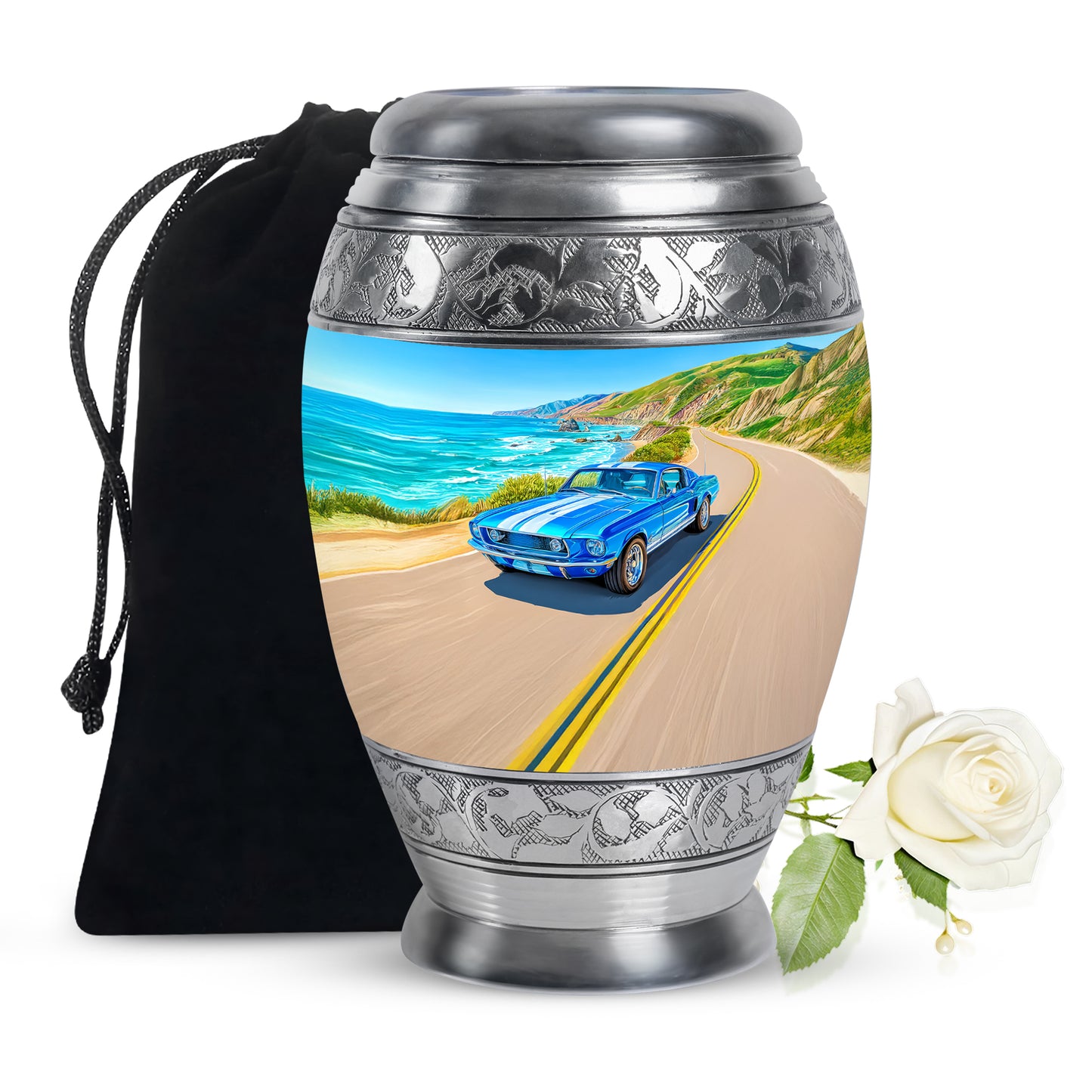 Azure Car Cremation Urn back view with polished surface - regal car design with crown-inspired accents - full-size 10 inch 200 cubic inch adult cremation urn