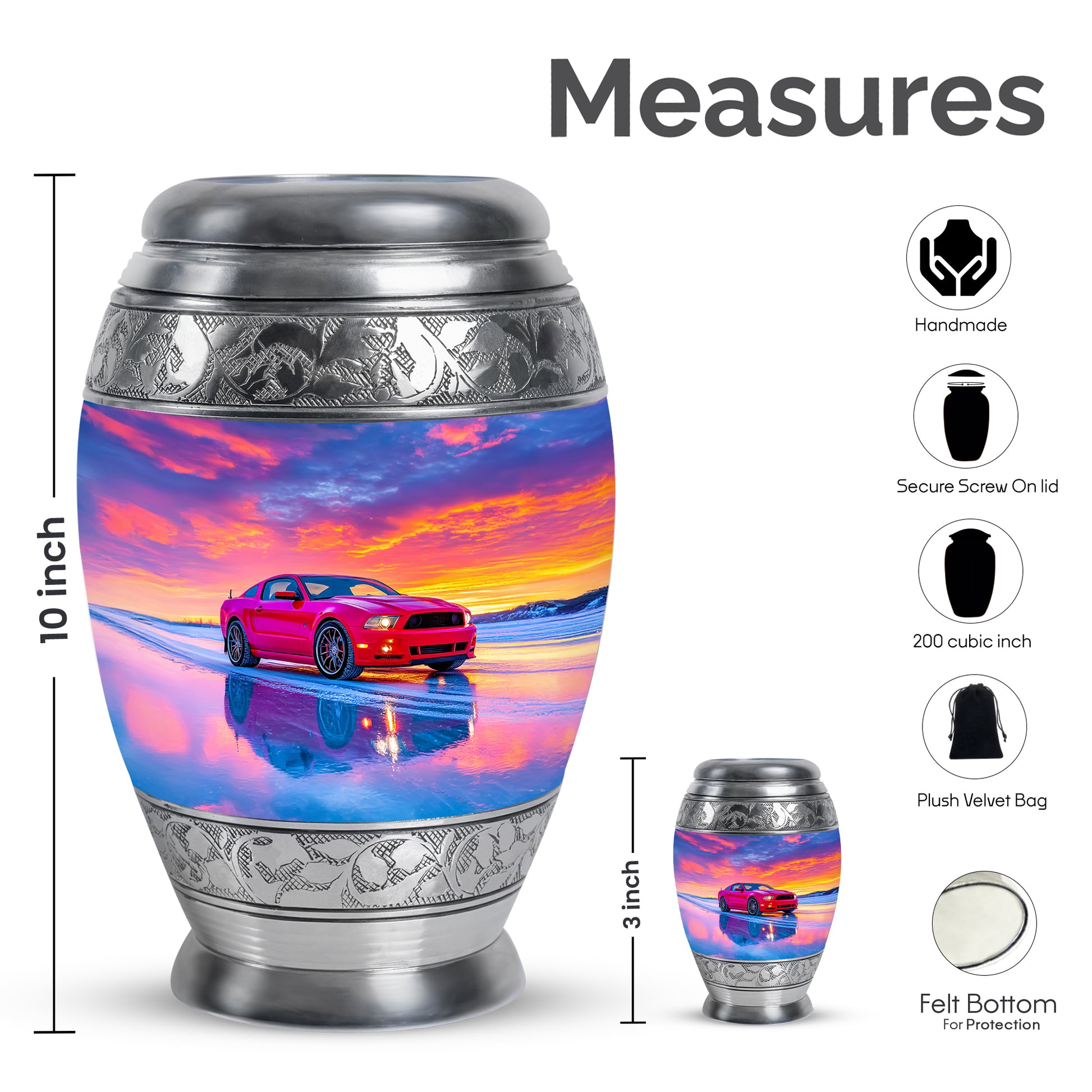 Royal Blue Car Cremation Urn lifestyle display on memorial shelf - royal car engraving with decorative scrollwork - mini keepsake memorial for portion of cremation ashes