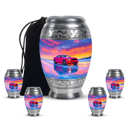 Misty Blue Car Cremation Urn detail view - regal car design with crown-inspired accents - memorial set with one large and four small urns