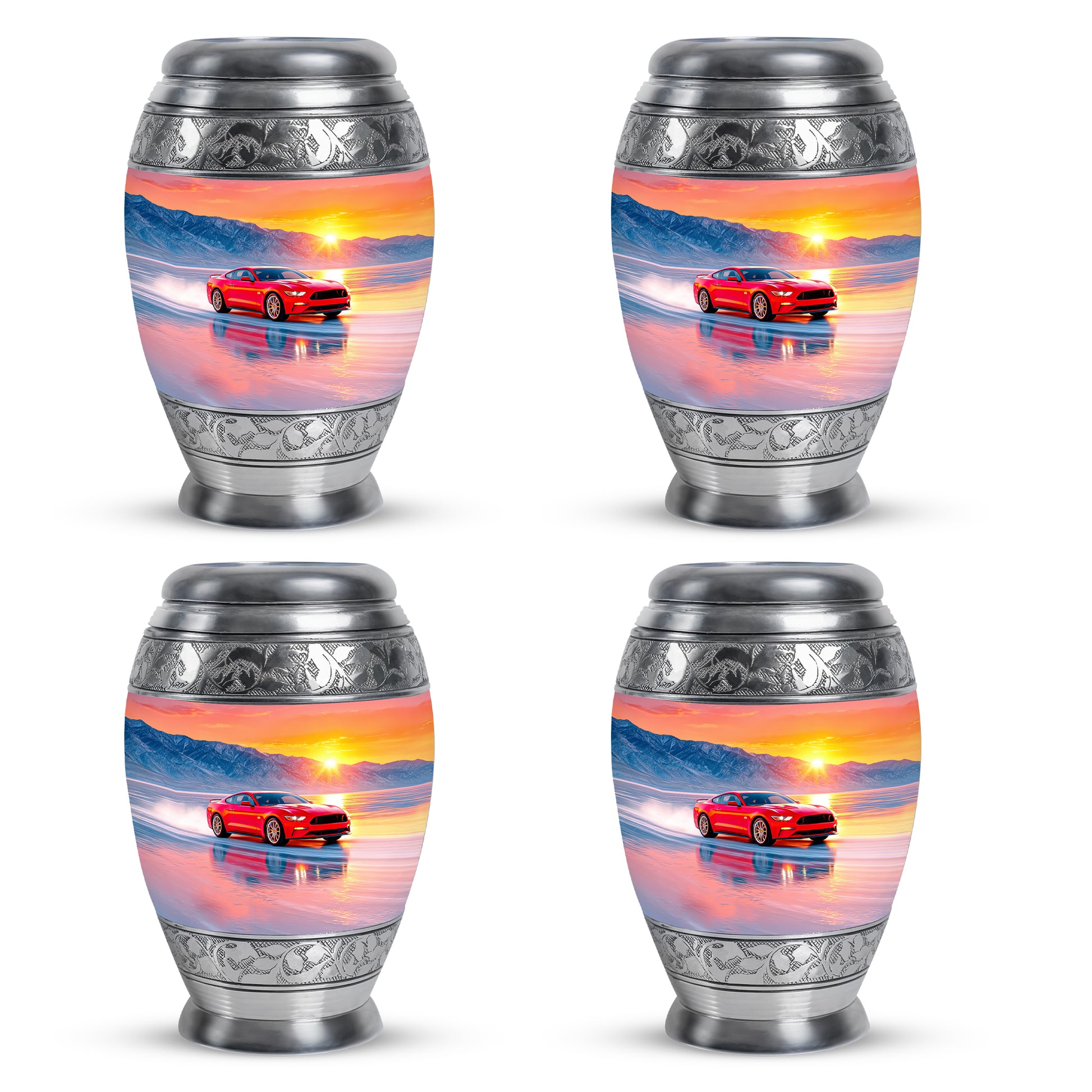 Pastel Pink Car Cremation Urn urn with complimentary velvet bag - ornate monarch-style car relief on brushed aluminum - 10 inch aluminum urn for cremated remains