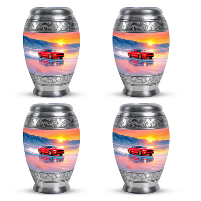 Pastel Pink Car Cremation Urn urn with complimentary velvet bag - ornate monarch-style car relief on brushed aluminum - 10 inch aluminum urn for cremated remains