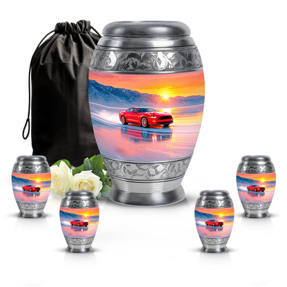 Dusty Pink Car Cremation Urn detail view - royal car engraving with decorative scrollwork - memorial set with one large and four small urns