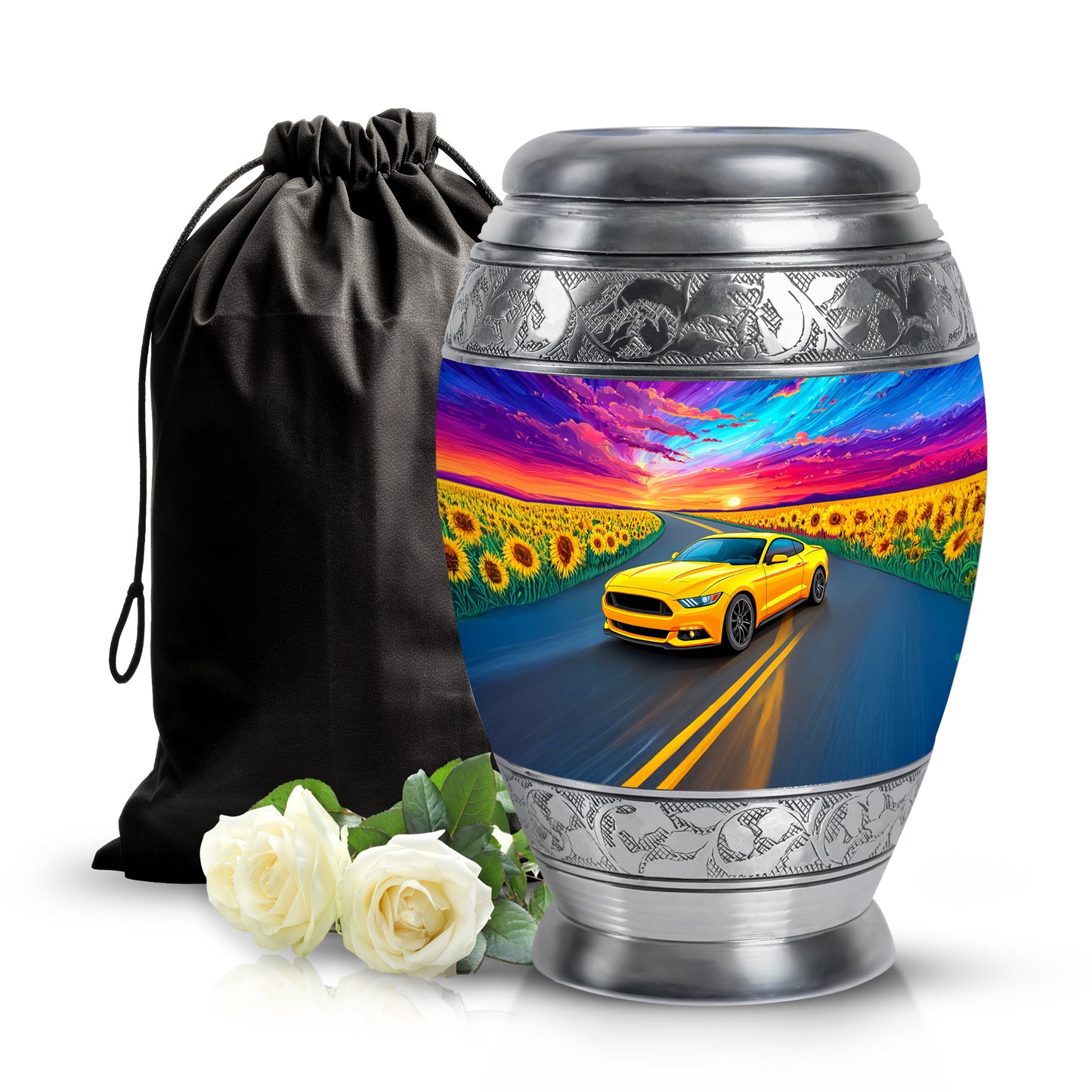 Indigo Car Cremation Urn back view with polished surface - ornate monarch-style car relief on brushed aluminum - full-size 10 inch 200 cubic inch adult cremation urn