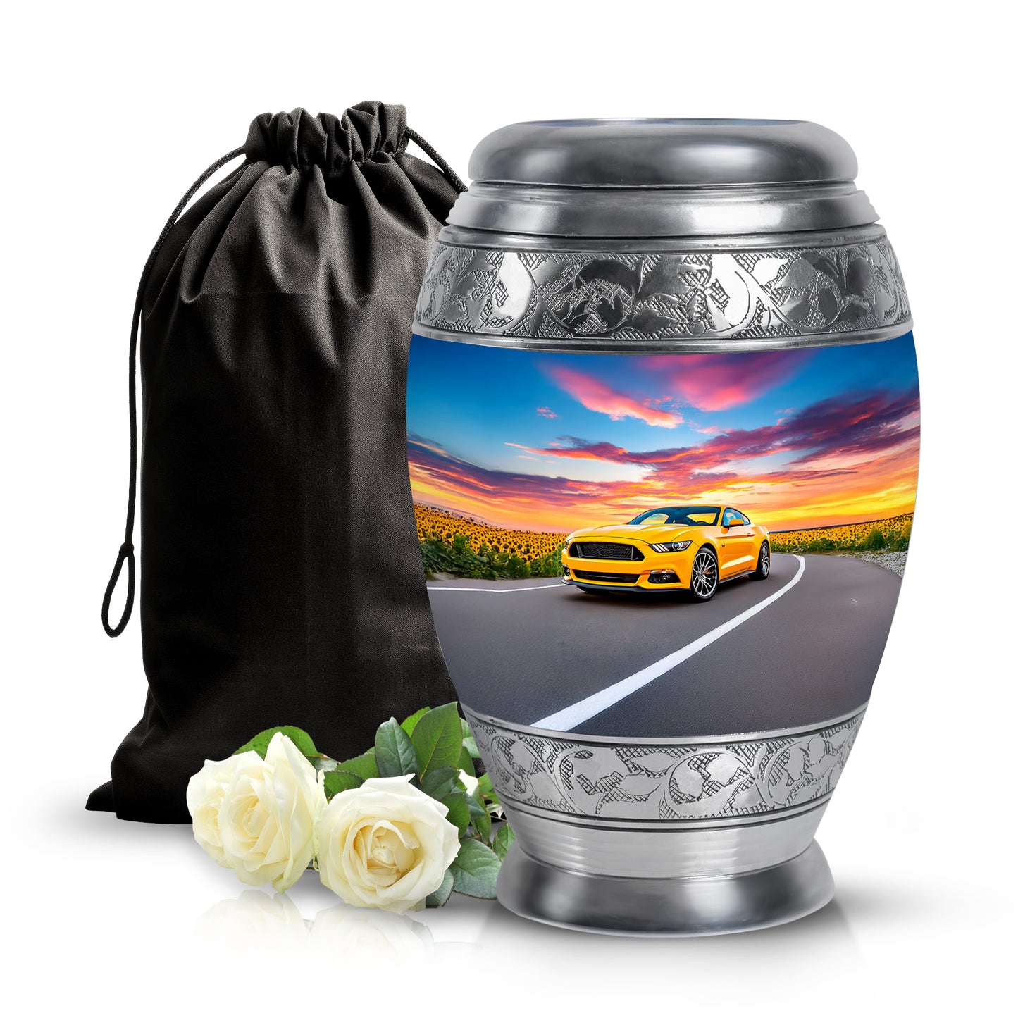 Pastel Blue Car Cremation Urn back view with polished surface - ornate monarch-style car relief on brushed aluminum - full-size 10 inch 200 cubic inch adult cremation urn