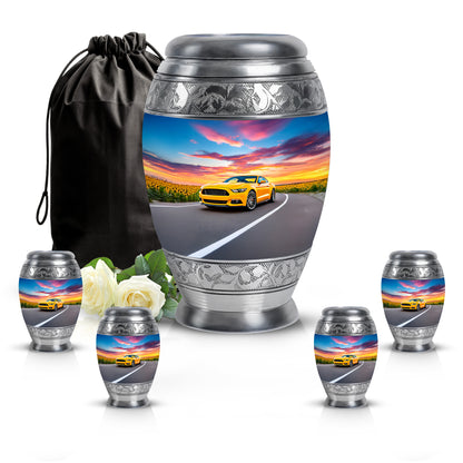Powder Blue Car Cremation Urn detail view - regal car design with crown-inspired accents - memorial set with one large and four small urns