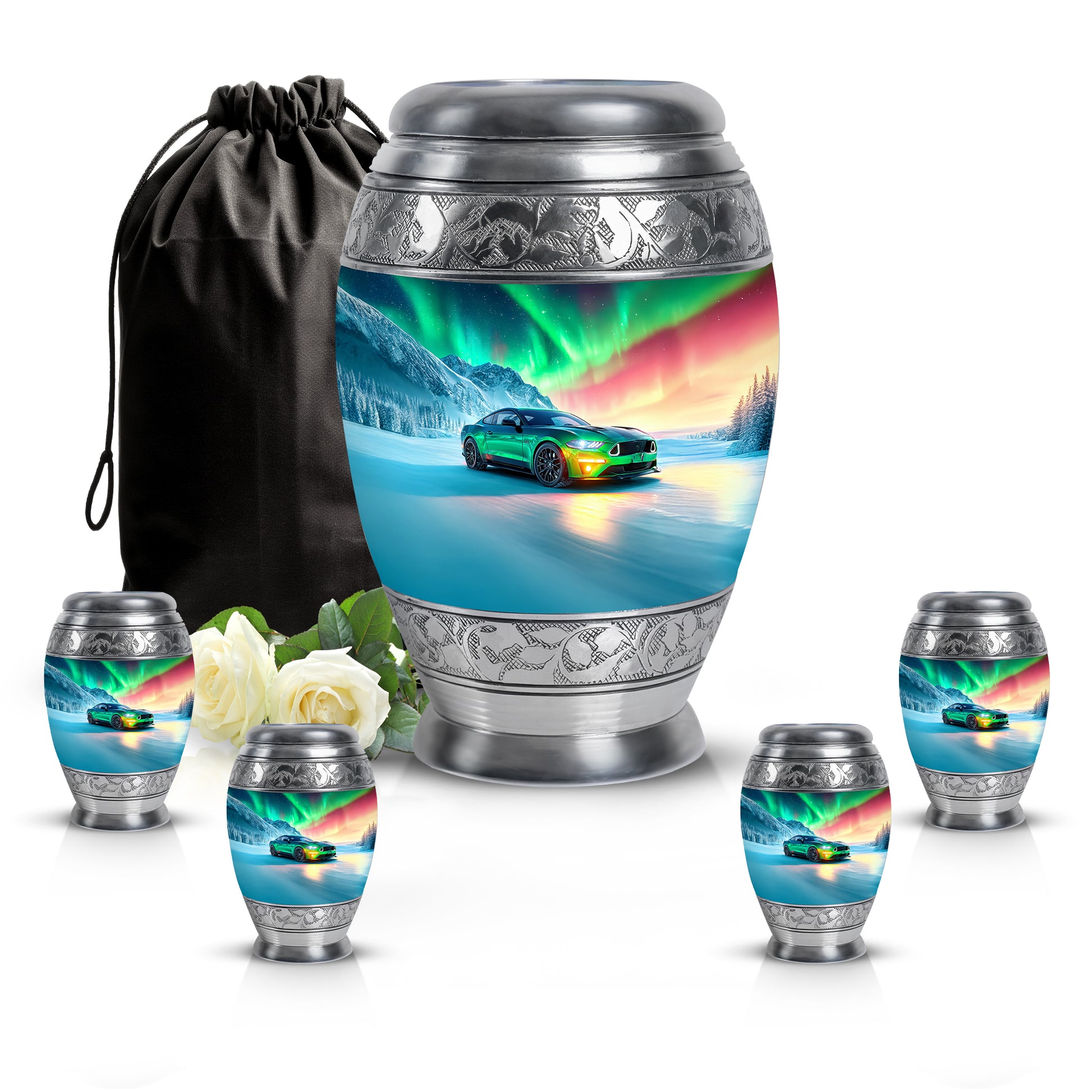 Navy Blue Car Cremation Urn detail view - ornate monarch-style car relief on brushed aluminum - memorial set with one large and four small urns