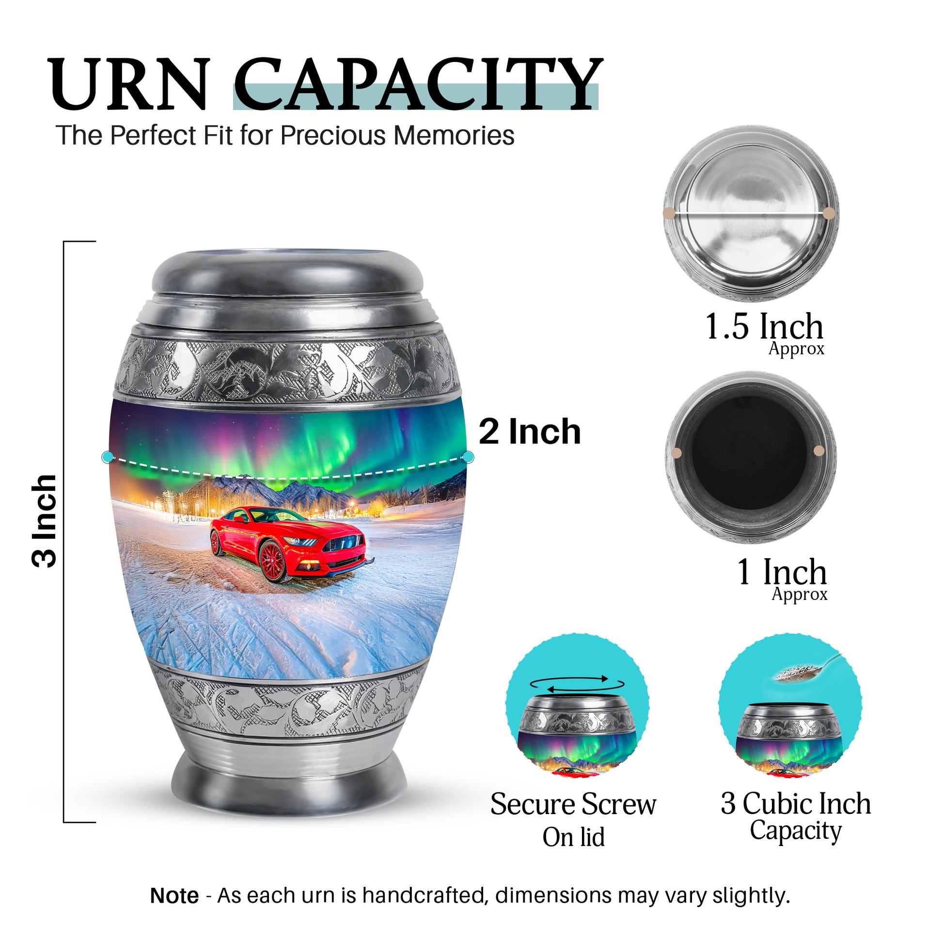 Bright Blue Car Cremation Urn lifestyle display on memorial shelf - royal car engraving with decorative scrollwork - mini keepsake memorial for portion of cremation ashes
