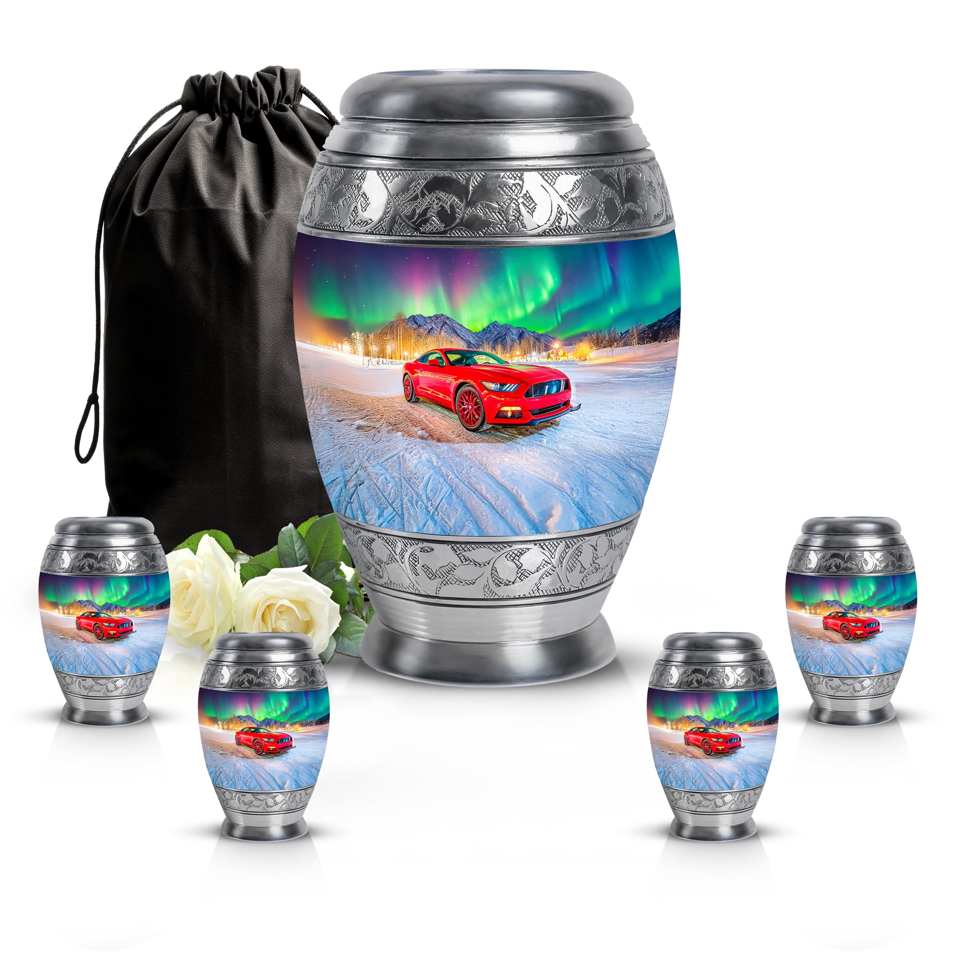Serene Blue Car Cremation Urn detail view - majestic car pattern with filigree border - memorial set with one large and four small urns