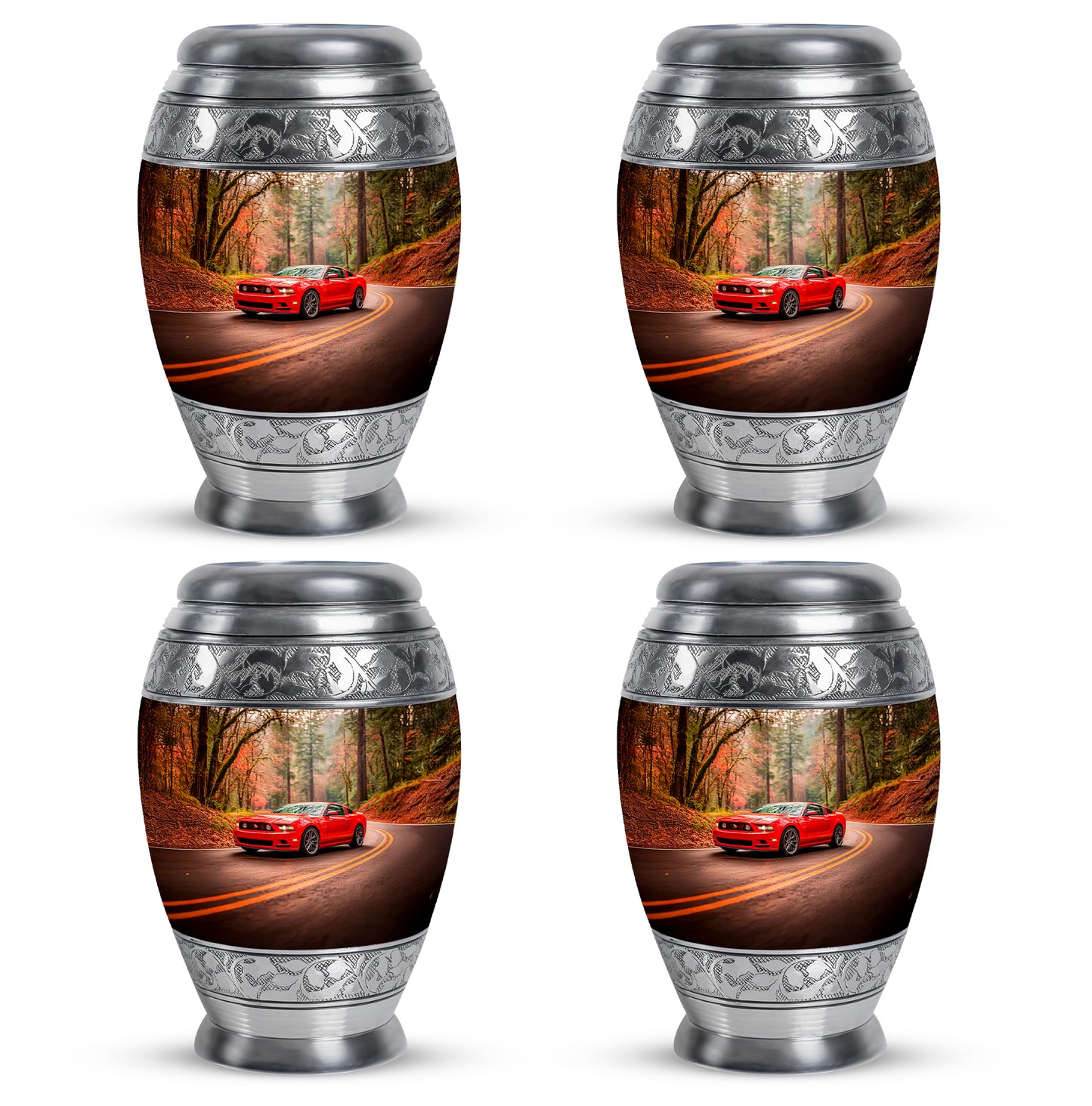 Burnished Gold Car Cremation Urn urn with complimentary velvet bag - royal car engraving with decorative scrollwork - 10 inch aluminum urn for cremated remains