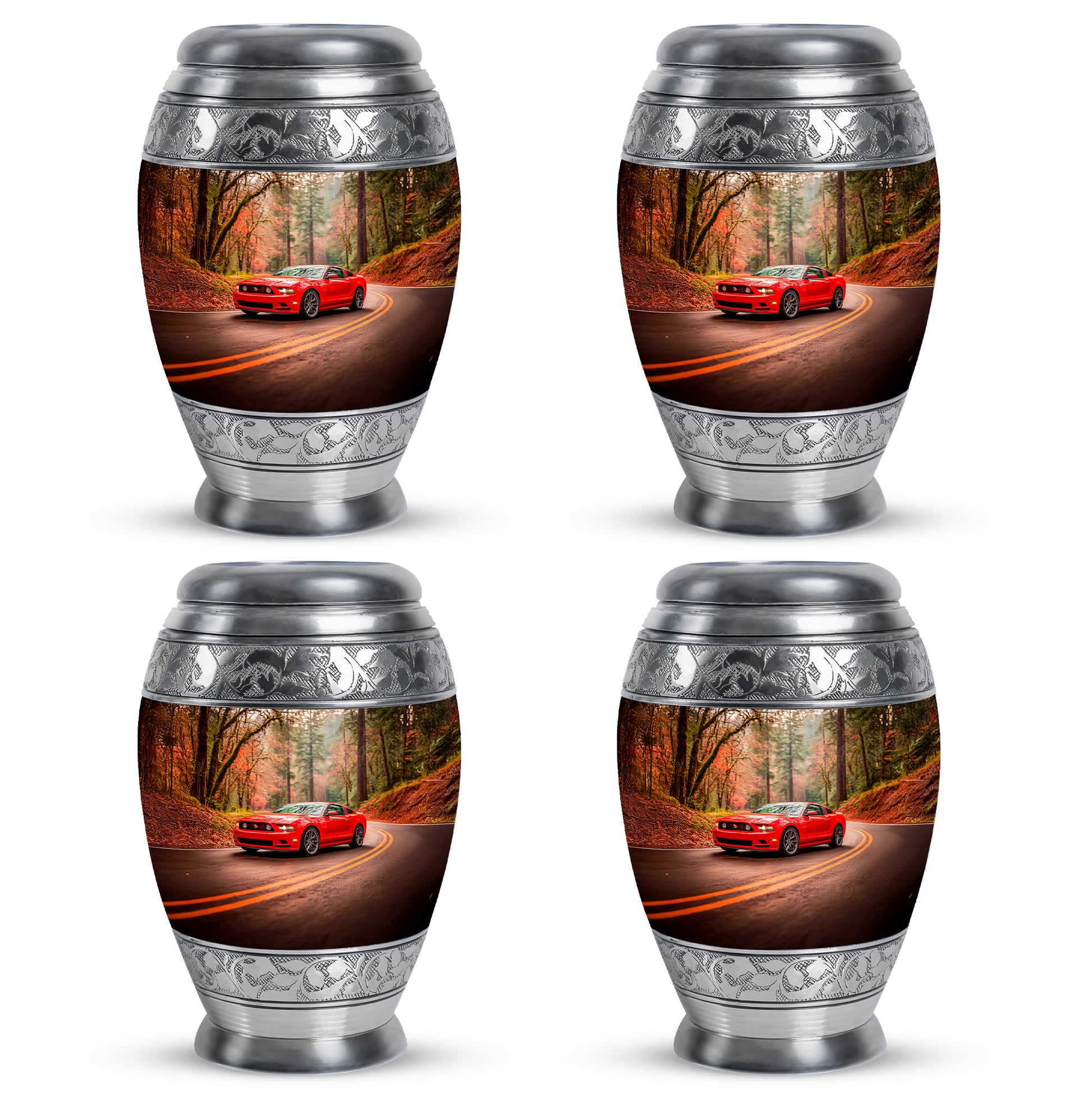 Burnished Gold Car Cremation Urn urn with complimentary velvet bag - royal car engraving with decorative scrollwork - 10 inch aluminum urn for cremated remains