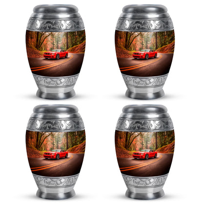 Burnished Gold Car Cremation Urn urn with complimentary velvet bag - royal car engraving with decorative scrollwork - 10 inch aluminum urn for cremated remains