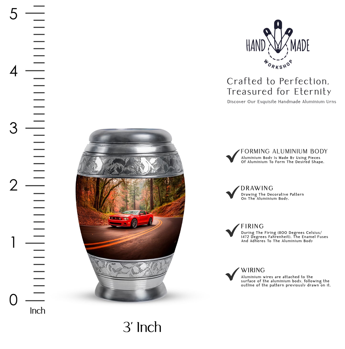 Warm Gold Car Cremation Urn lifestyle display on memorial shelf - royal car engraving with decorative scrollwork - mini keepsake memorial for portion of cremation ashes