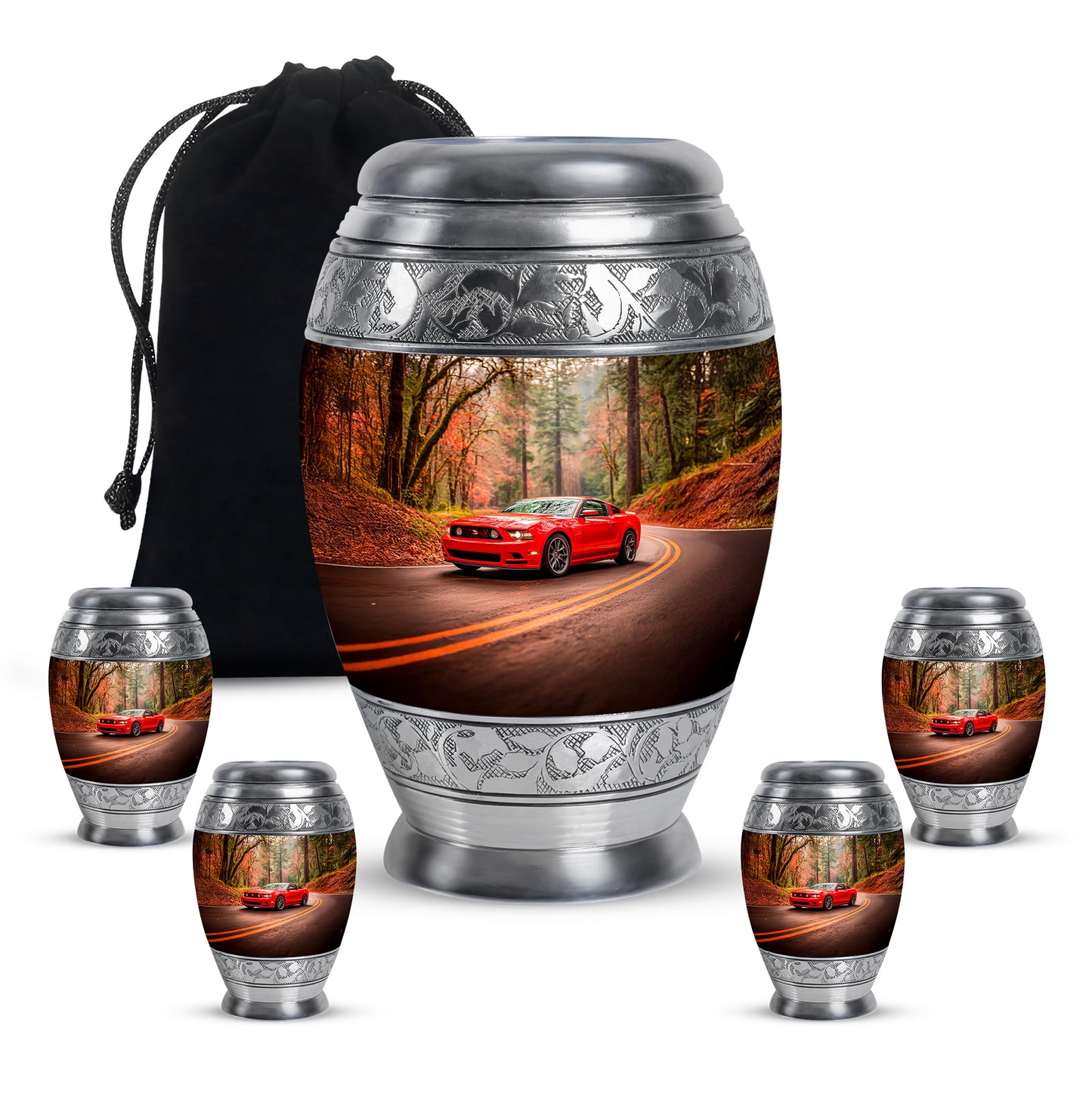 Matte Gold Car Cremation Urn detail view - majestic car pattern with filigree border - memorial set with one large and four small urns
