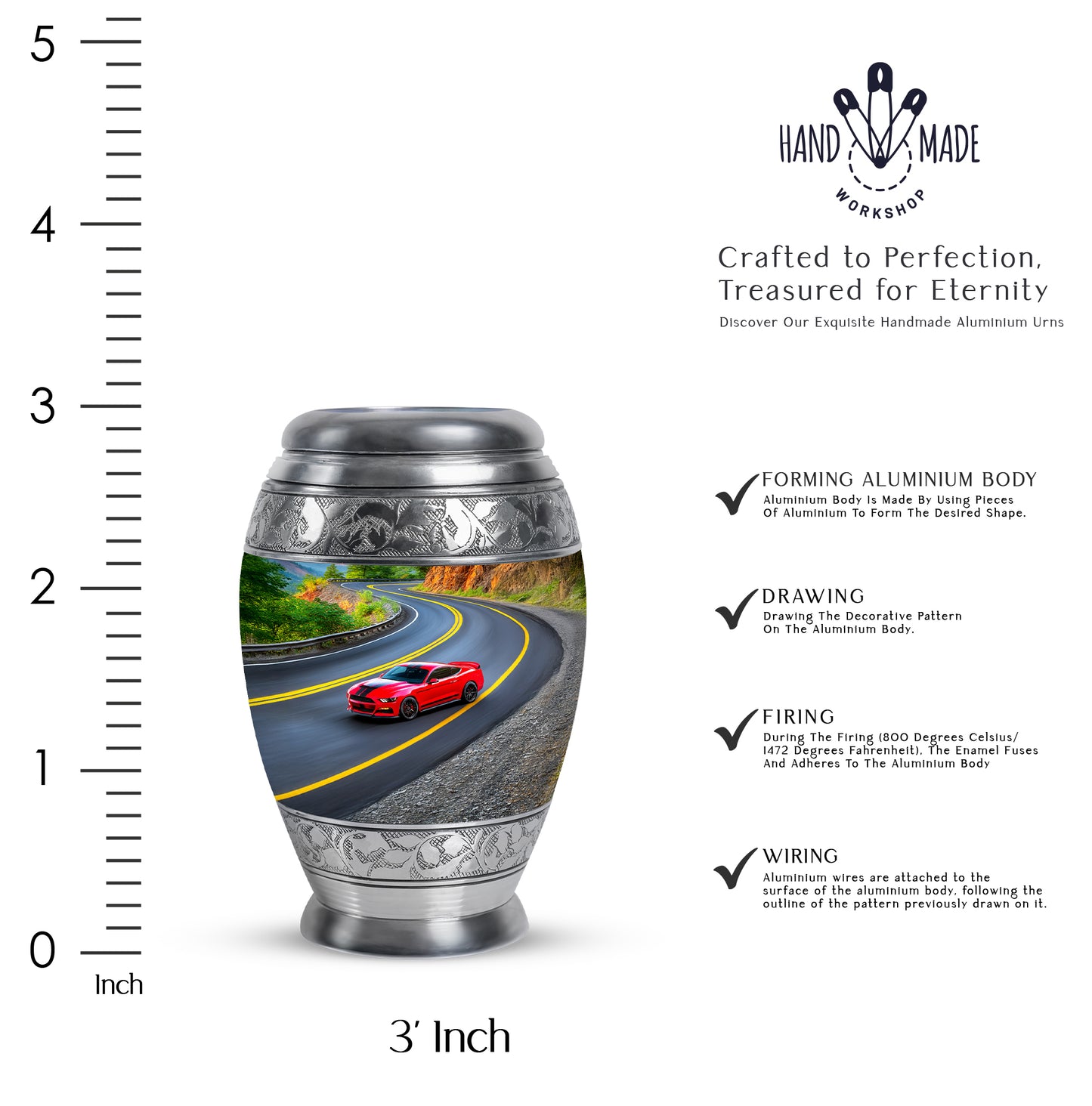 Dark Black Car Cremation Urn lifestyle display on memorial shelf - majestic car pattern with filigree border - mini keepsake memorial for portion of cremation ashes