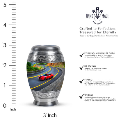 Dark Black Car Cremation Urn lifestyle display on memorial shelf - majestic car pattern with filigree border - mini keepsake memorial for portion of cremation ashes