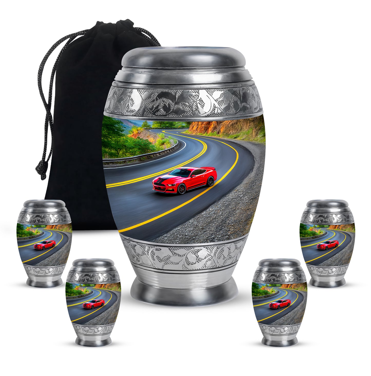 Deep Black Car Cremation Urn detail view - ornate monarch-style car relief on brushed aluminum - memorial set with one large and four small urns