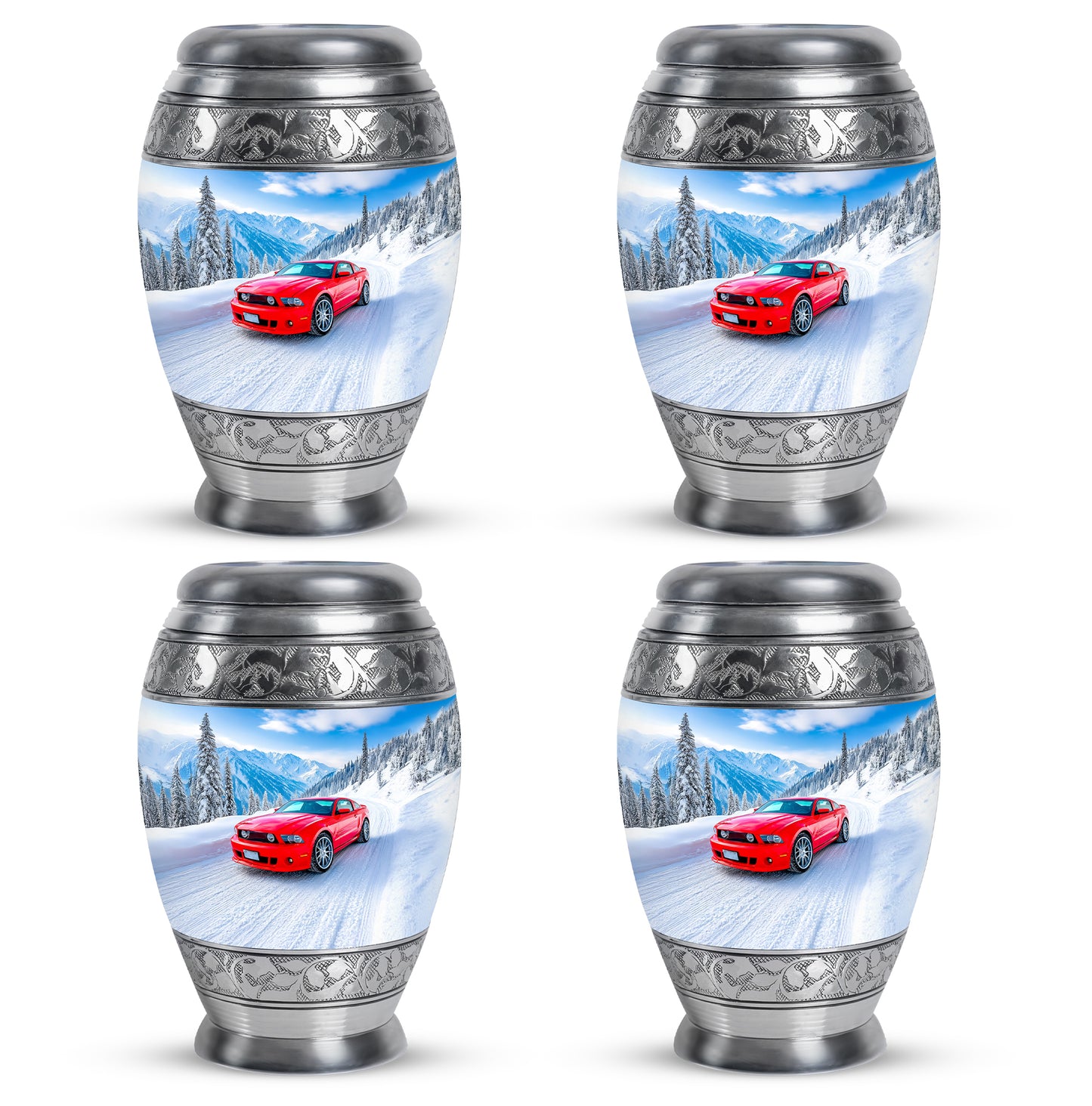 Royal Blue Car Cremation Urn urn with complimentary velvet bag - majestic car pattern with filigree border - 10 inch aluminum urn for cremated remains