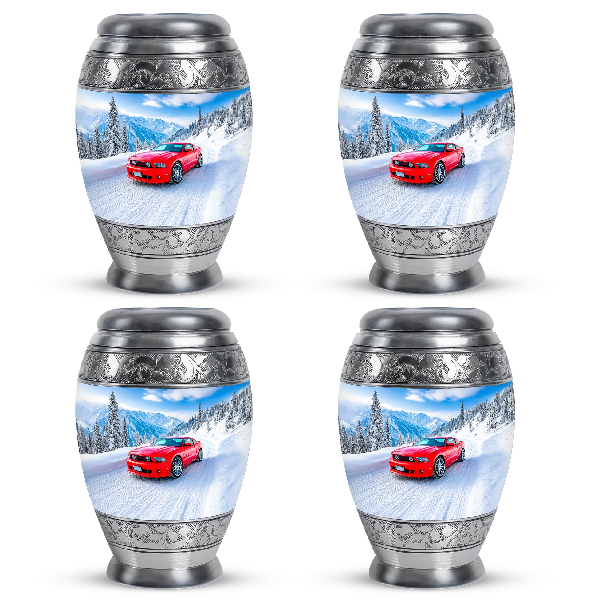 Royal Blue Car Cremation Urn urn with complimentary velvet bag - majestic car pattern with filigree border - 10 inch aluminum urn for cremated remains
