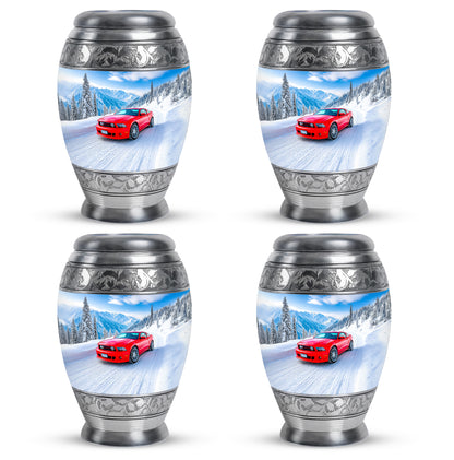 Royal Blue Car Cremation Urn urn with complimentary velvet bag - majestic car pattern with filigree border - 10 inch aluminum urn for cremated remains