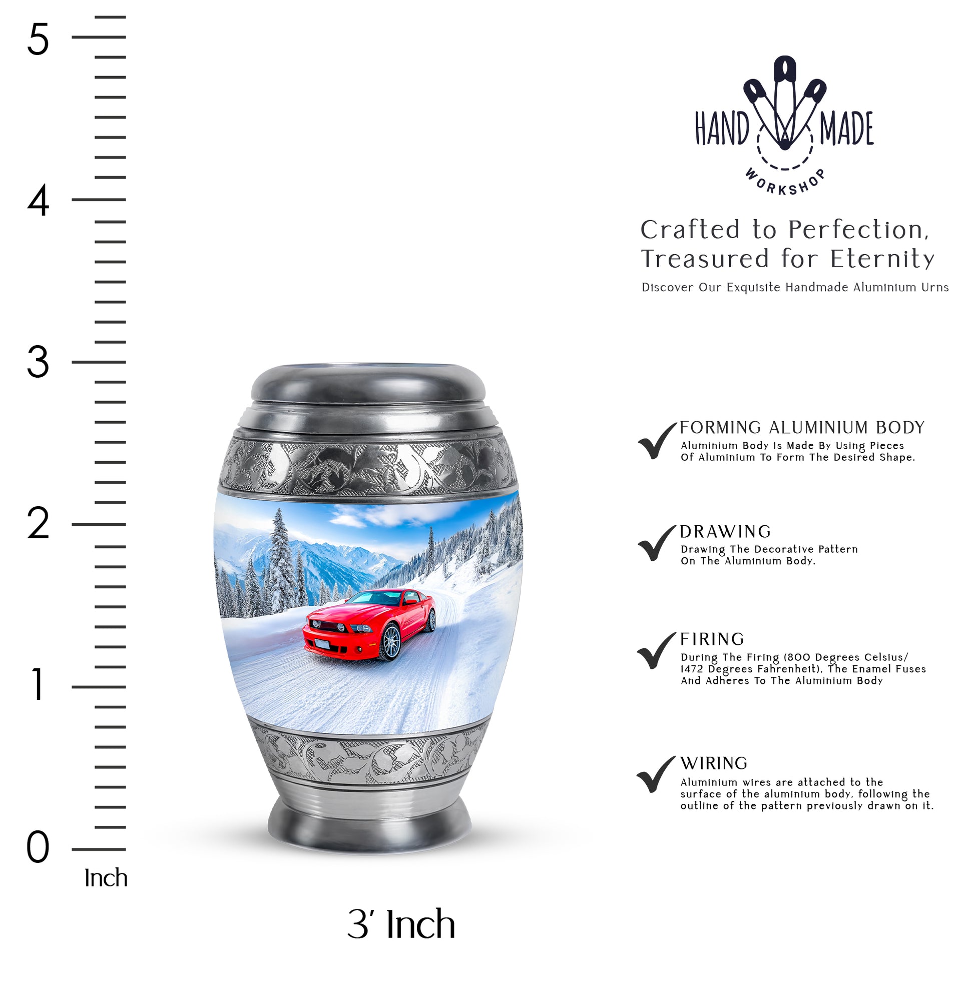 Soft Blue Car Cremation Urn lifestyle display on memorial shelf - majestic car pattern with filigree border - mini keepsake memorial for portion of cremation ashes