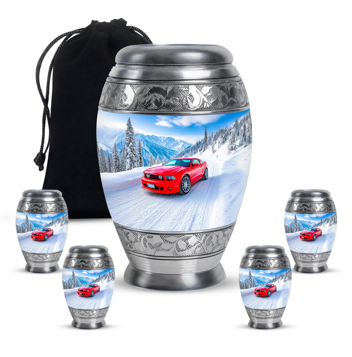Calming Blue Car Cremation Urn detail view - royal car engraving with decorative scrollwork - memorial set with one large and four small urns