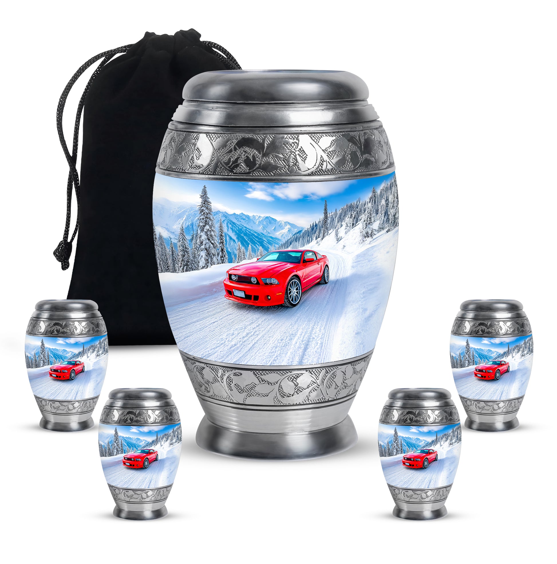 Calming Blue Car Cremation Urn detail view - royal car engraving with decorative scrollwork - memorial set with one large and four small urns